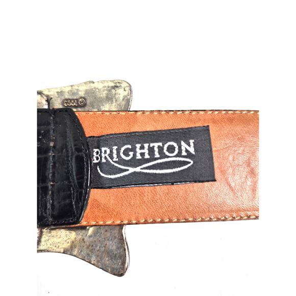 Brighton Belt Black Womens Med Embossed Leather Silver Tone Large Buckle & Tip - Picture 3 of 9